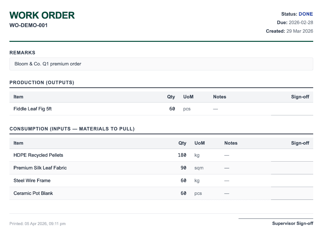 Makoro workorder printout
